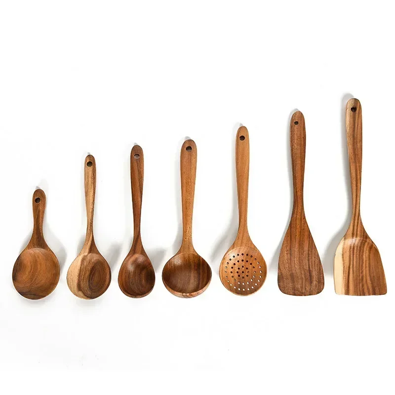 Greware™ Thailand Teak Natural Wooden Spoon – Rice Colander & Soup Skimmer Cooking Utensil (1PC/7PCS) 4