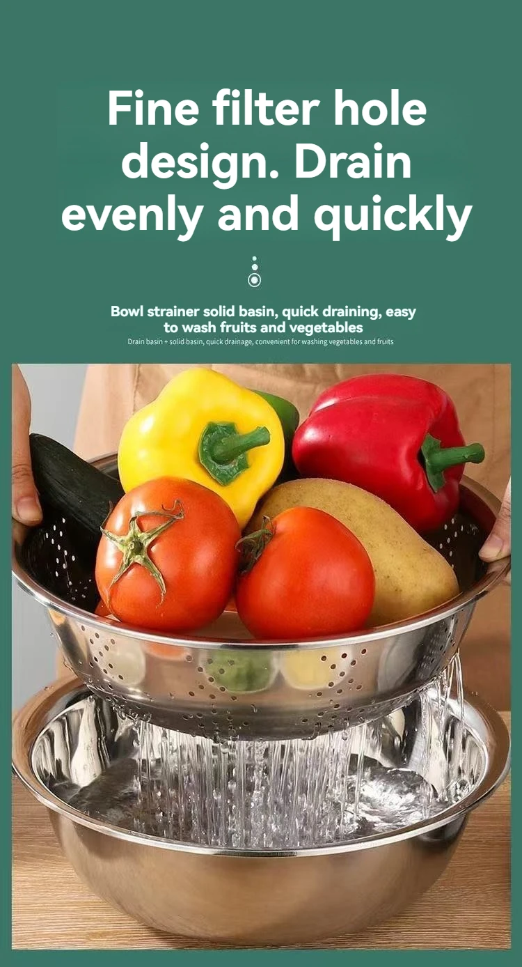 Greware™ 3-in-1 Multifunctional Vegetable Slicer Set – Stainless Steel Grater, Drain Basket & Prep Basin 6