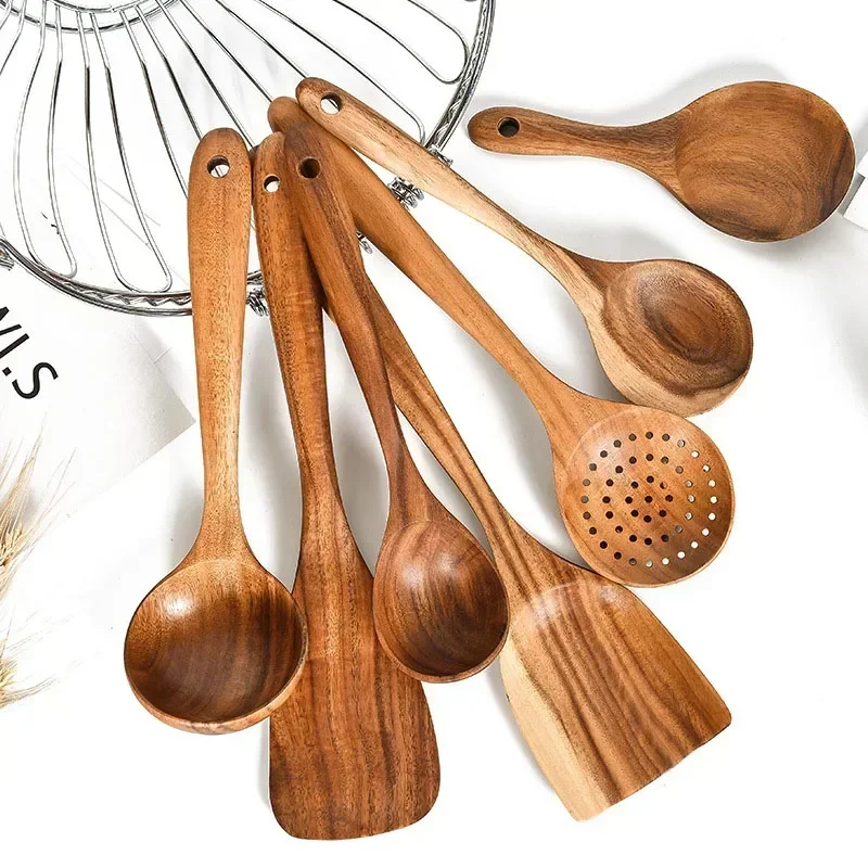 Greware™ Thailand Teak Natural Wooden Spoon – Rice Colander & Soup Skimmer Cooking Utensil (1PC/7PCS) 1