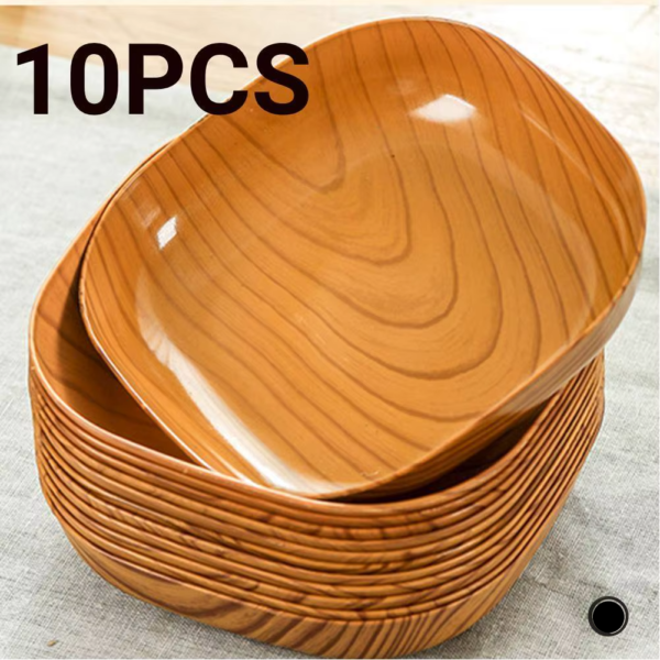 Greware™ 10PCS Japanese-Style Wood Grain Plastic Square Plates – 14CM Food-Grade Serving Dish Set